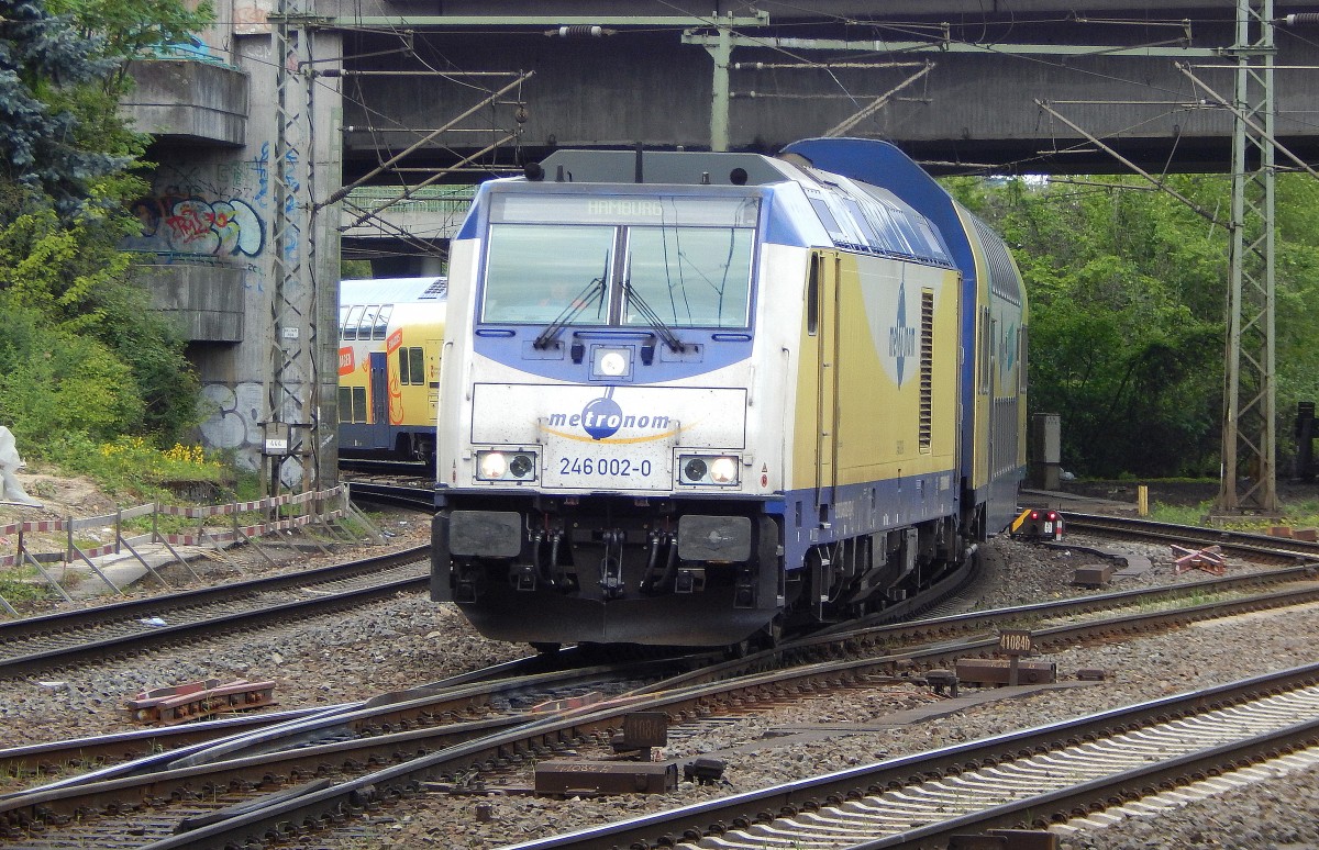 246 002 kommt gerade mit einen Metronom in Hamburg Harburg eingefahren. Die leichte Schieflage sieht an den Gleisen.

Hamburg 09.05.2015