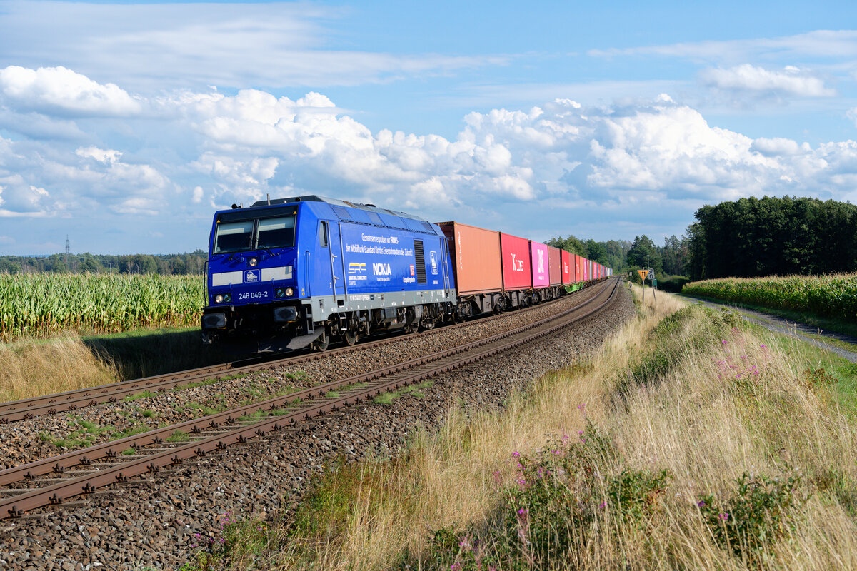 246 049 Press mit dem Containerzug (Wiesau - Hamburg-Waltershof) bei Oberteich, 05.09.2020