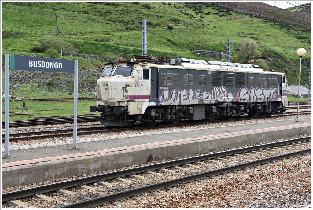 251 008-9 hat ihren Coilszug in Busdongo abgehängt und kehrt nach Gijón zurück. In Busdongo werden für die Fahrt Richtung León zwei Zugsteile vereinigt und von einer andern Lok übernommen. (25.05.2016)