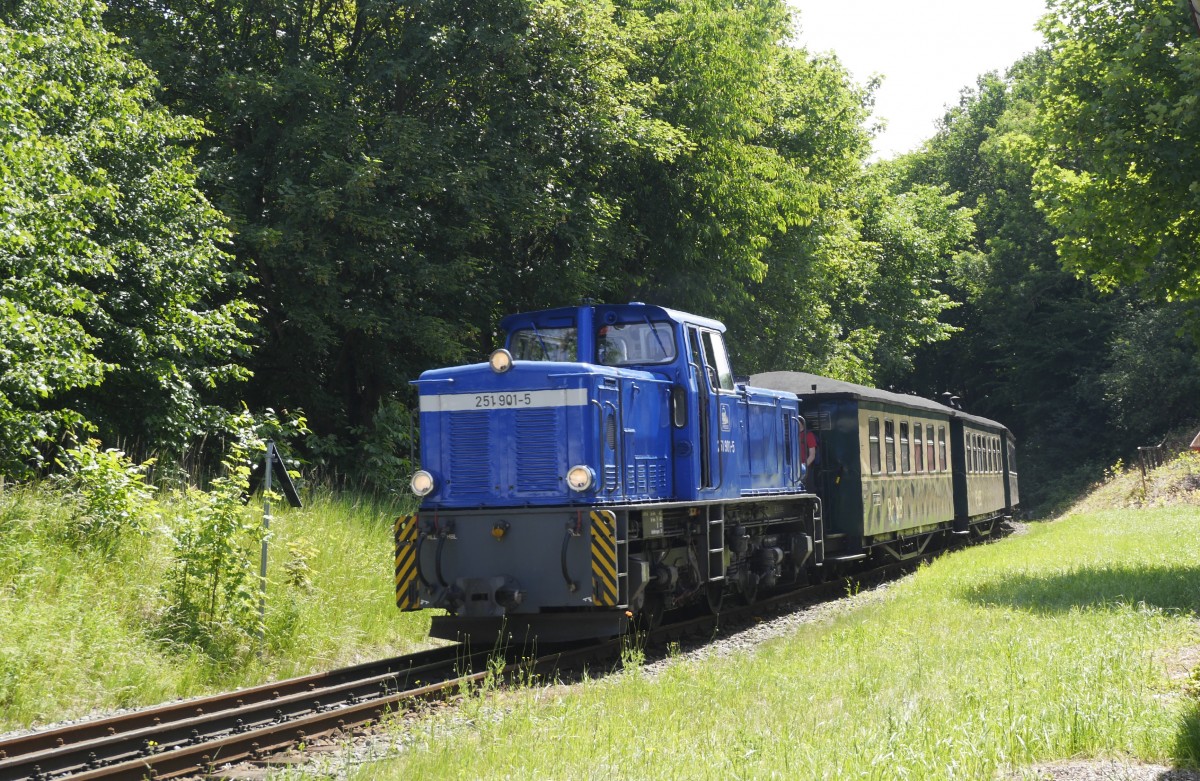 251 901 leistet nur Hilfsdienste: sie schleppt den Dampfzug von Lauterbach Mole bis Putbus. Aufnahme vom BÜ am Bf Putbus, 17.6.14.