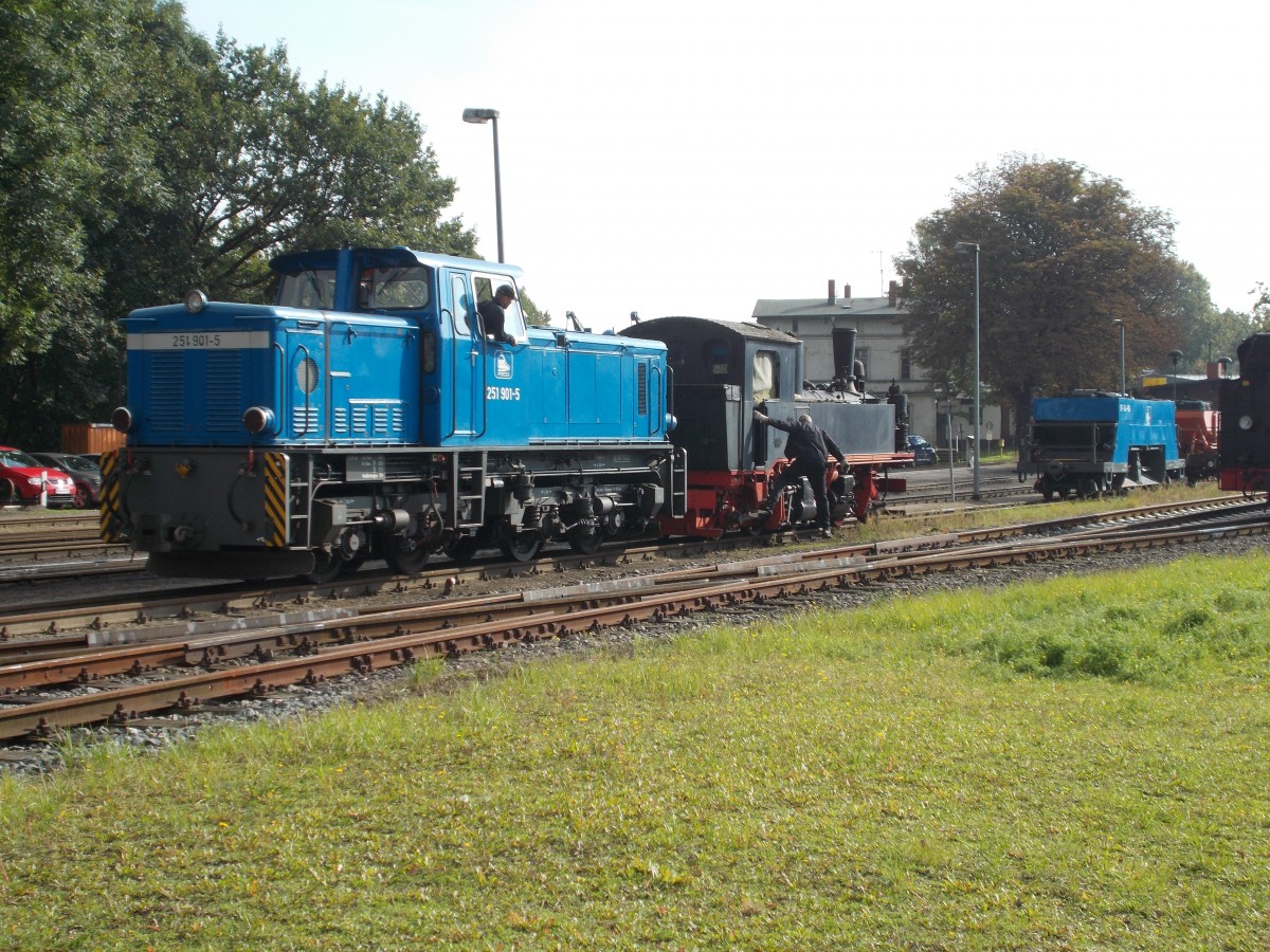 251 901 schob,am 29.September 2014,die 99 1594 auf ihren gegenwärtigen Abstellplatz in Putbus zurück.