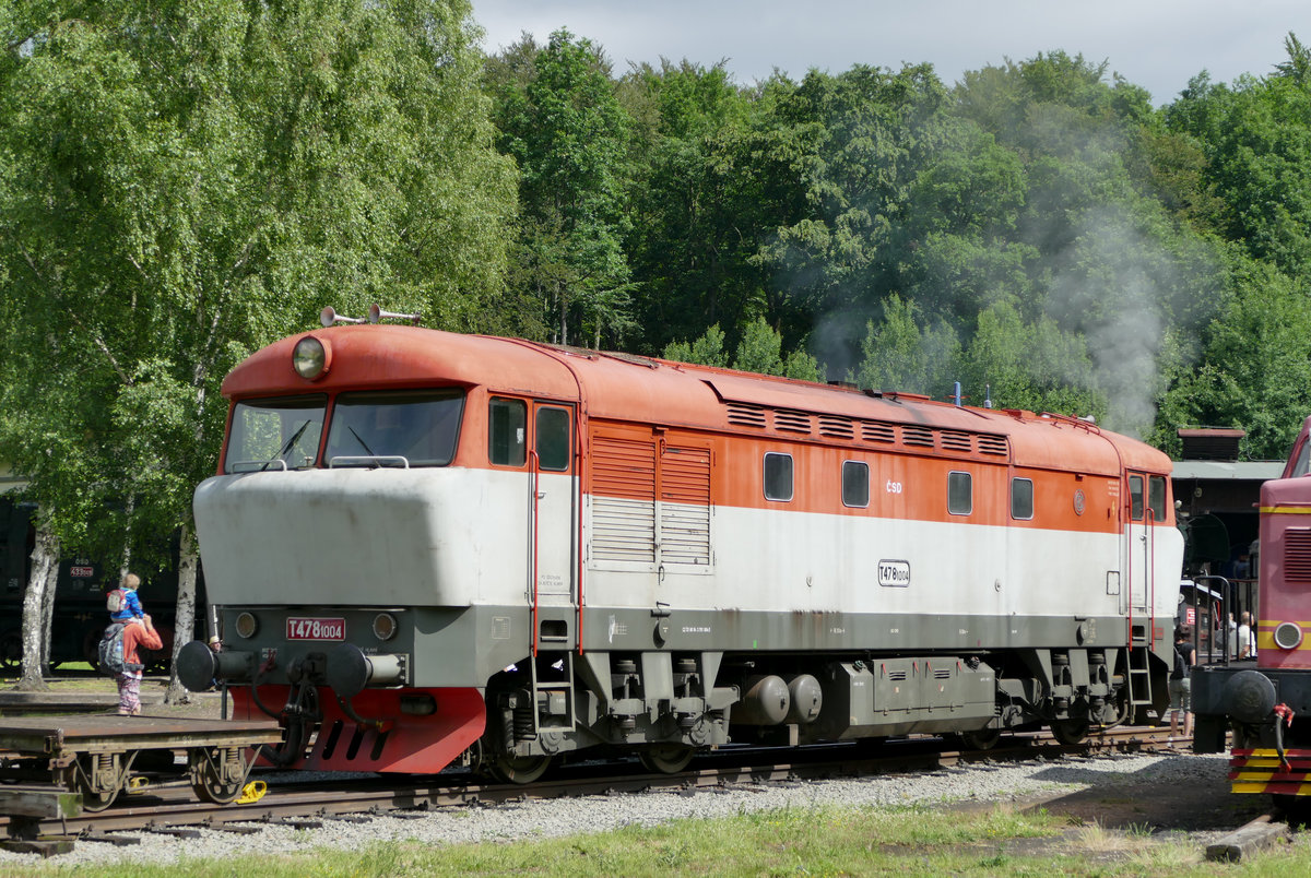 26. Juni 2016, Dampflokfest in Luzna u Rakovnika (CZ). Dieselelektrische Skoda-Lok der Baureihe 478. Warum sie  Bardotka  genannt wurde, können nur die Älteren nachvollziehen.