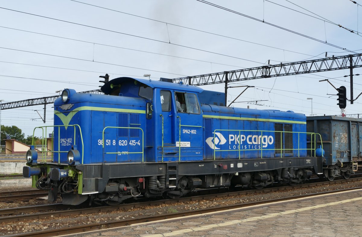 26.09.2018, Polen. Auf dem Liegnitzer Bahnhof gab es recht unterhaltsamen Betrieb. Ein bisschen vor und zurück mit Diesel und Strom war ganz amüsant. Hier kommt SM42-802 vorüber.