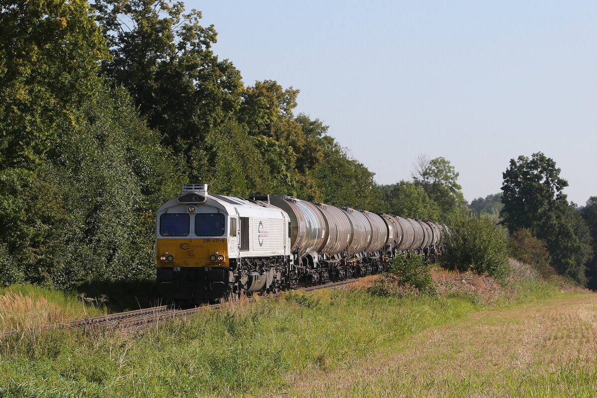 266 431 mit einem Kesselwagenzug aus Mühldorf kommend am 3. September 2021 bei Hörlkofen.