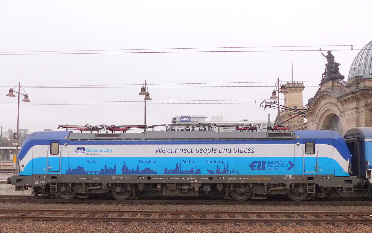 ČD 193 298  Fidorka  mit dem EC 379  Porta Bohemica  von Kiel Hbf nach Praha hl.n., am 22.02.2019 in Dresden Hbf.