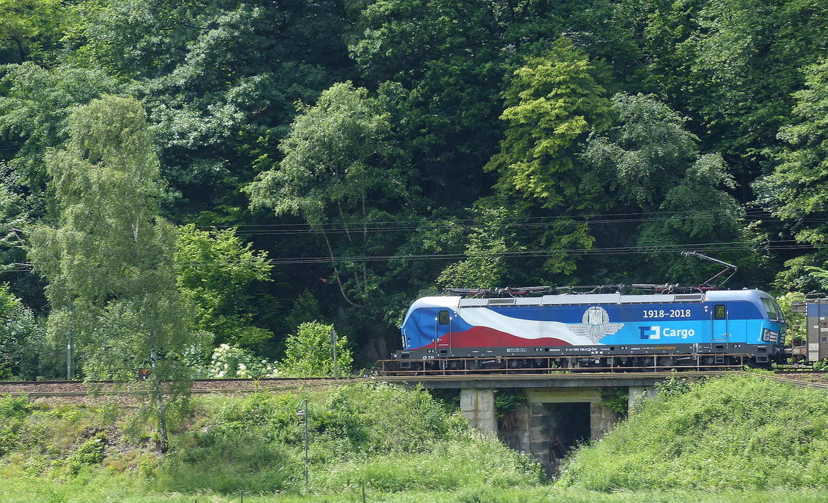 ČD Cargo 383 009 mit leeren Autotransportwagen Richtung Děčín, am 09.06.2020 in Schöna.