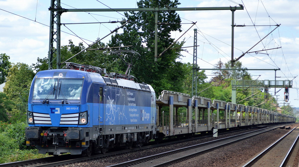 ČD Cargo a.s. mit  383 012-2  [NVR-Nummer: 91 54 7383 012-2 CZ-CDC] und PKW-Transportzug (leer) am 03.07.19 Dresden-Strehlen.