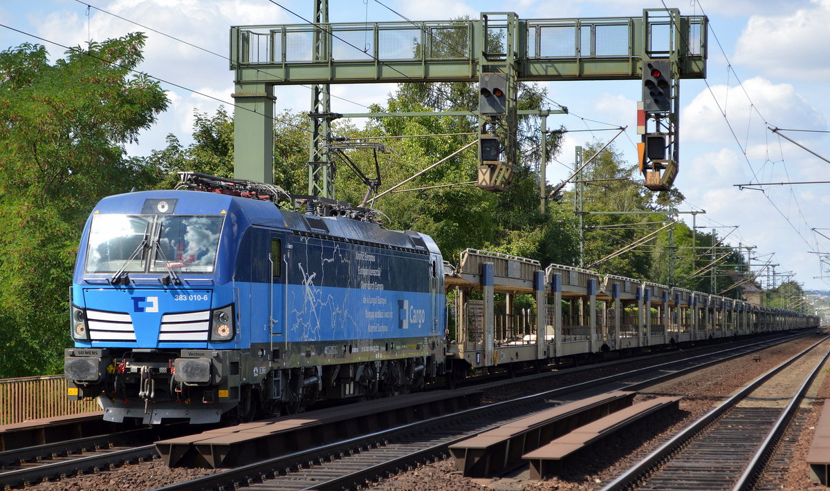 ČD Cargo a.s., Praha [CZ] mit  383 010-6  [NVR-Nummer: 91 54 7383 010-6 CZ-CDC] und PKW-Transportzug (leer) Richtung Tschechien am 25.08.20 Bf. Dresden-Strehlen.