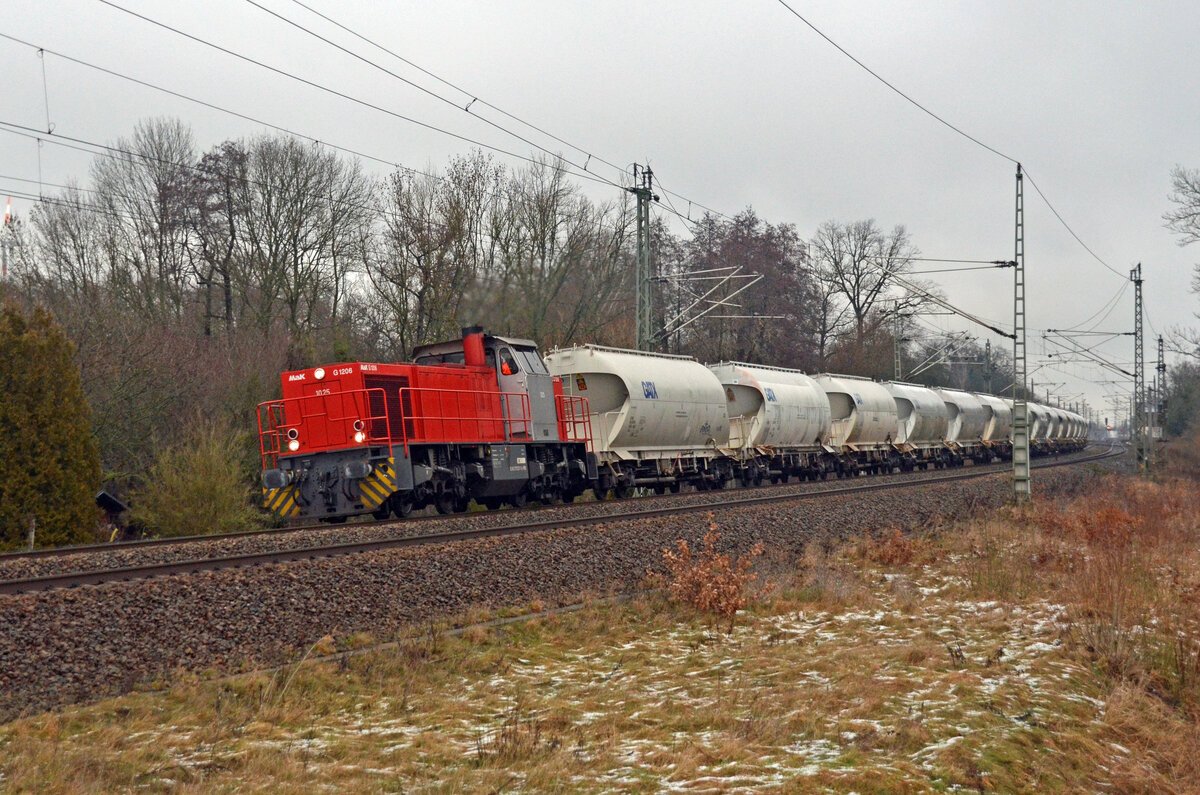 275 027 der RBB führte am 22.01.23 den Silozug aus Zschornewitz durch Burgkemnitz nach Bitterfeld.