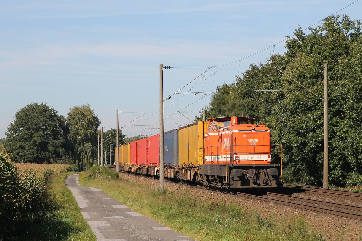 28 (423 013-2, Baujahr: 1963) der Regionalverkehr Münsterland GmbH (RVM) mit einem Güterzug Dörpen-Rheine bei Leschede am 2-10-2015.