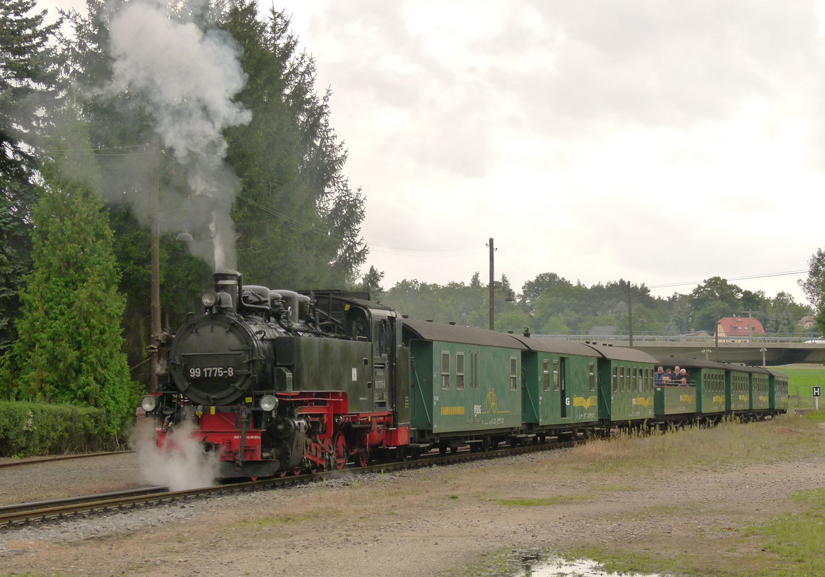 28. September 2012, Schmalspurbahn Radebeul-Ost - Radeburg. Der planmäßige Personenzug P3034 nach Radeburg, bespannt mit Lok 99 775, fährt in den Bahnhof Friedewald ein.