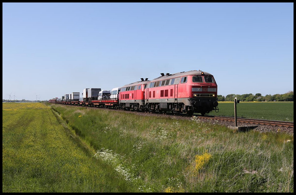 288366-3 und 218344-0 sind hier nahe Klanxbüll am 29.5.2020 um 15.17 Uhr mit einem Autozug nach Niebüll unterwegs.