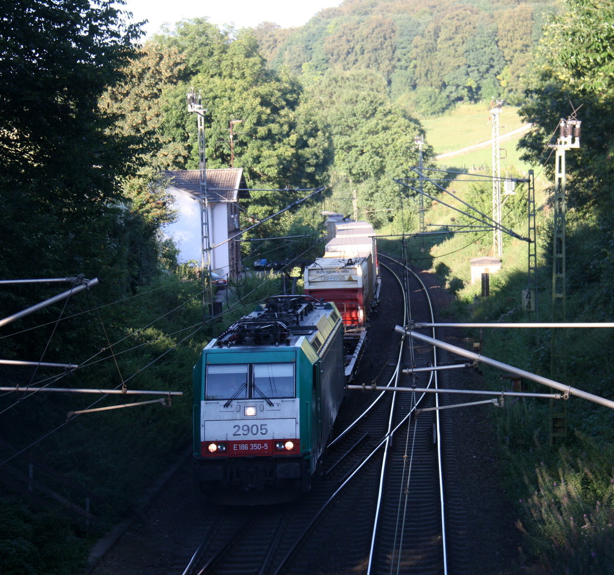 2905 von Alpha Trains kommt die Gemmenicher-Rampe hochgefahren aus Aachen-West mit einem Containerzug aus Gallarate(I) nach Antwerpen-Oorderen(B) und fährt gleich in den Gemmenicher-Tunnel hinein und fährt in Richtung Montzen/Vise(B). Aufgenommen in Reinartzkehl an der Montzenroute. 
Bei Sommerwetter am 25.8.2016.