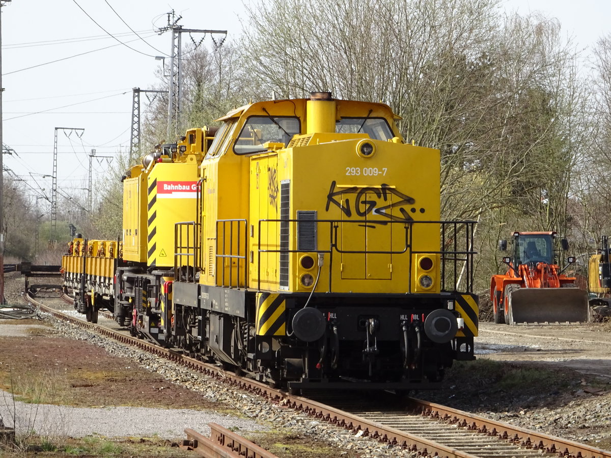 293 009 der Bahnbau Gruppe steht mit einem Schienendrehkran im Bahnhof Salzbergen.
April 2018