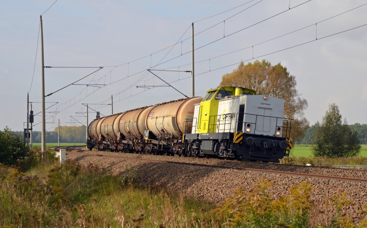 293 901 der RBB beförderte am 30.09.14 eine Übergabe von Bitterfeld zur Imerys Fused Minerals Zschornewitz GmbH. Hier passiert der Zug Burgkemnitz auf dem Gegengleis um anschließend auf die Nebenstrecke nach Zschornewitz abzubiegen.