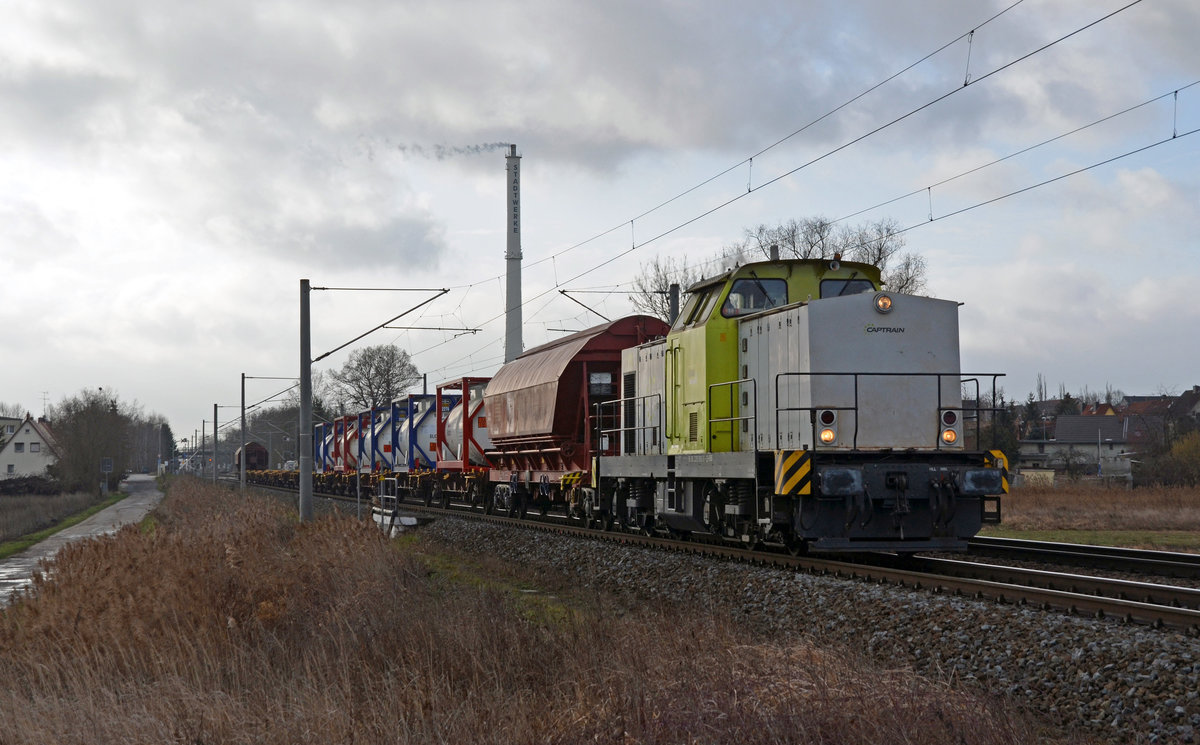 293 901 der RBB führte am 04.02.19 einen gemischten Güterzug durch Jeßnitz Richtung Dessau.