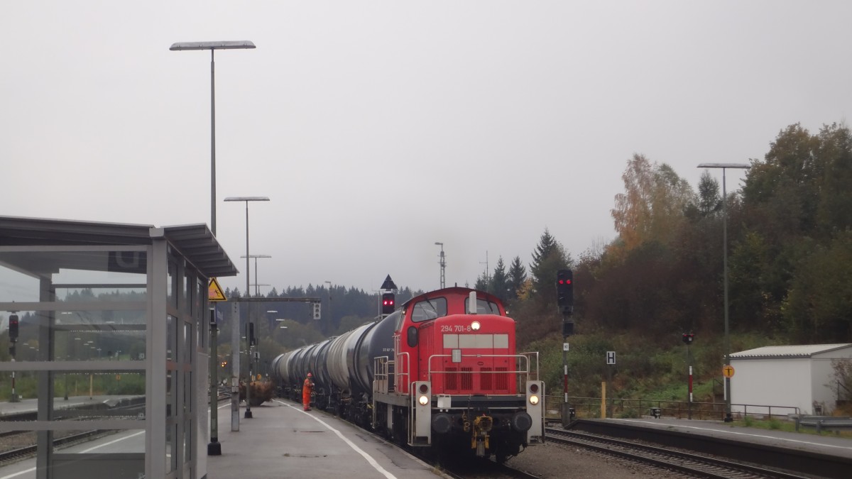 294 701 stellt diesen Kesselzug zusammen, ehe er von einer Ludmilla übernommen wird. (Kempten, Oktober 2014)