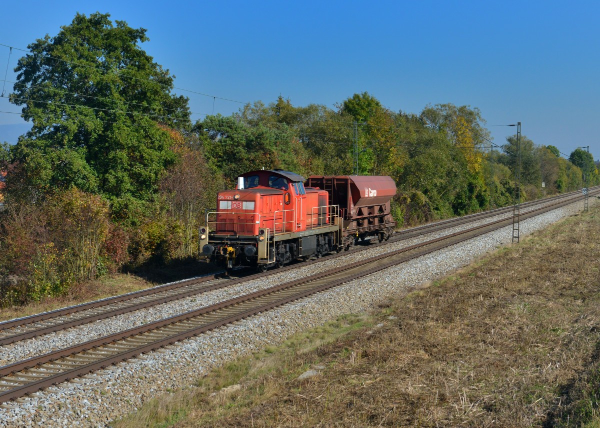 294 721 mit einem Schotterwagen am 12.10.2015 bei Langenisarhofen. 