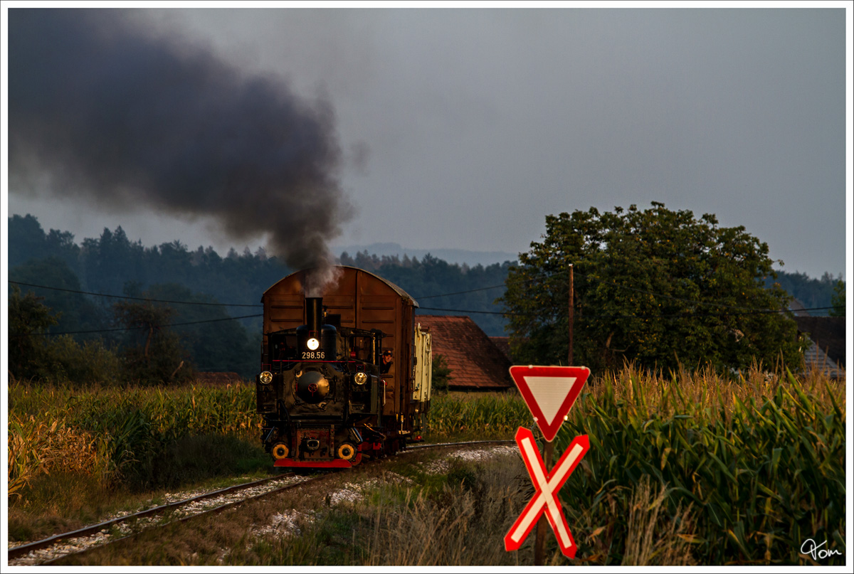 298.56 der Stainzerbahn, fährt mit einem aufgeschemeltem Güterzug, von Kraubath nach Stainz. LG an das Lokpersonal ;O) 
Herbersdorf 25_09_2013