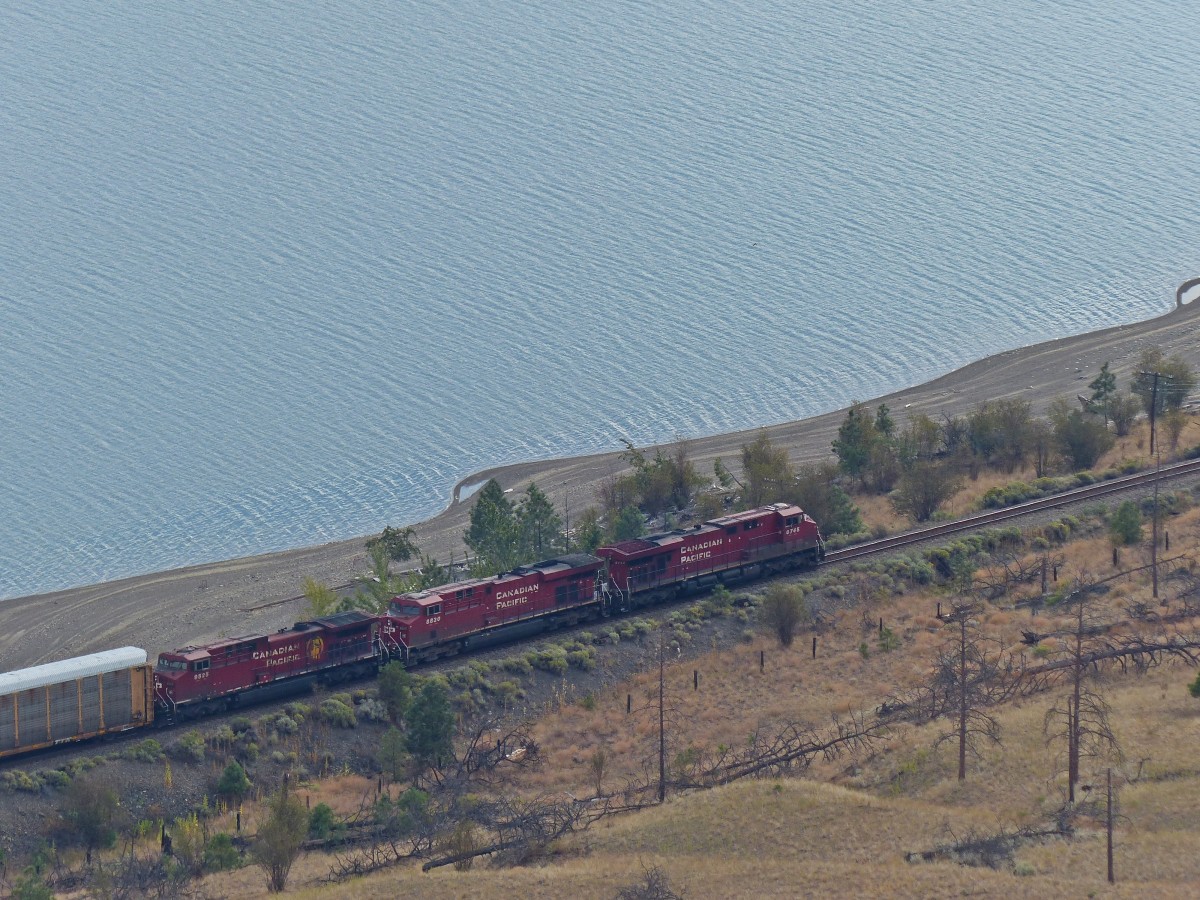 3 Dieselloks der Canadian Pacific ziehen am 02.09.2013 einen Gterzug bei Savona in Richtung Kamloops.