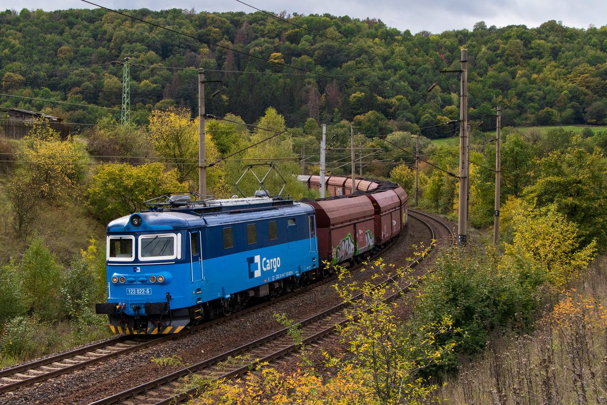 3. Oktober 2019 in Lbín: Der Kohlezug mit 123 022-6 erreicht gleich den Bahnhof. 