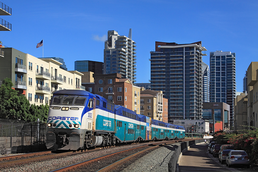3002 departs San Diego for Oceanside whilst working Coaster train 657 the 1652 to Oceanside, 17 July 2014 