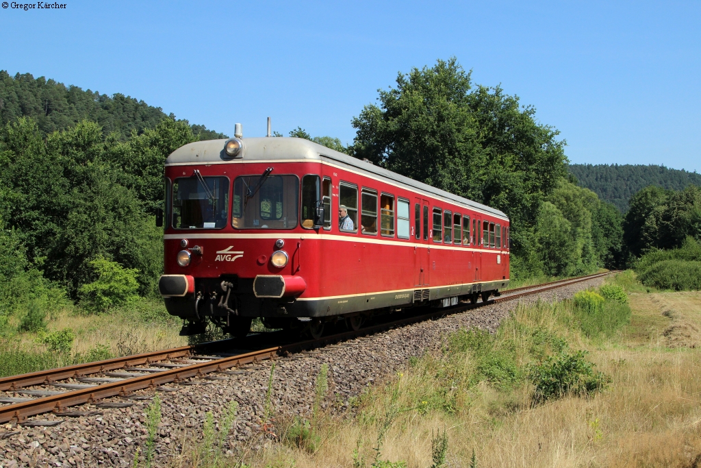 301 013-8 der AVG als E 85290  Felsenland-Express  (Karlsruhe Hbf - Bundenthal-Rumbach) bei Hinterweidenthal, 02.08.2015.