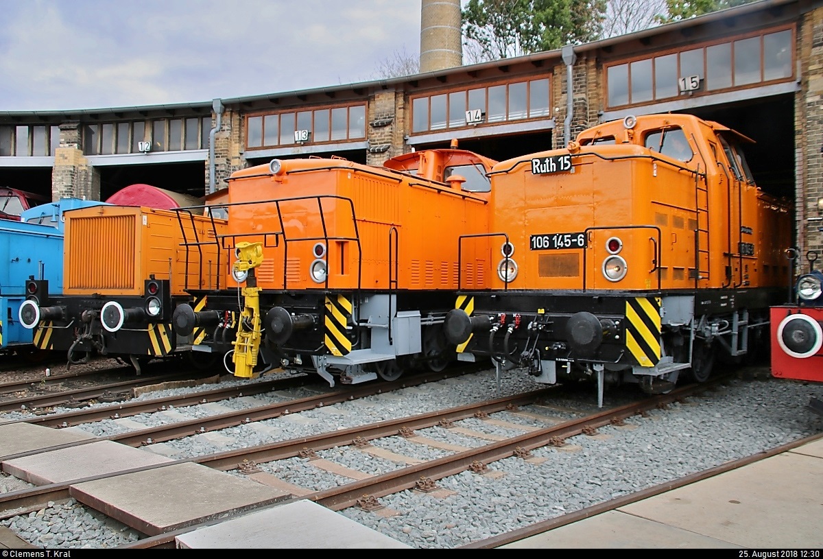 312 244-7 (102 244-1) der Traditionsgemeinschaft Bw Halle P e.V., 345 021-0 (105 021-0 | DR V 60) DB und 346 145-6 (106 145-6 | DR V 60)  Ruth 15  des Verein Eisenbahnmuseum Bayerischer Bahnhof zu Leipzig e.V. stehen anlässlich des Sommerfests unter dem Motto  Diesellokomotiven der ehemaligen DR  vor dem Ringlokschuppen des DB Musems Halle (Saale).
[25.8.2018 | 12:30 Uhr]