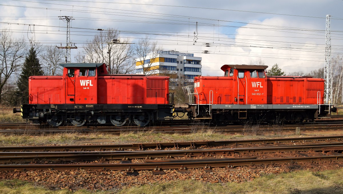 345 289-3  und  346 852-7 fahren durch Ruhland. Aufgenommen 25.02.2016.