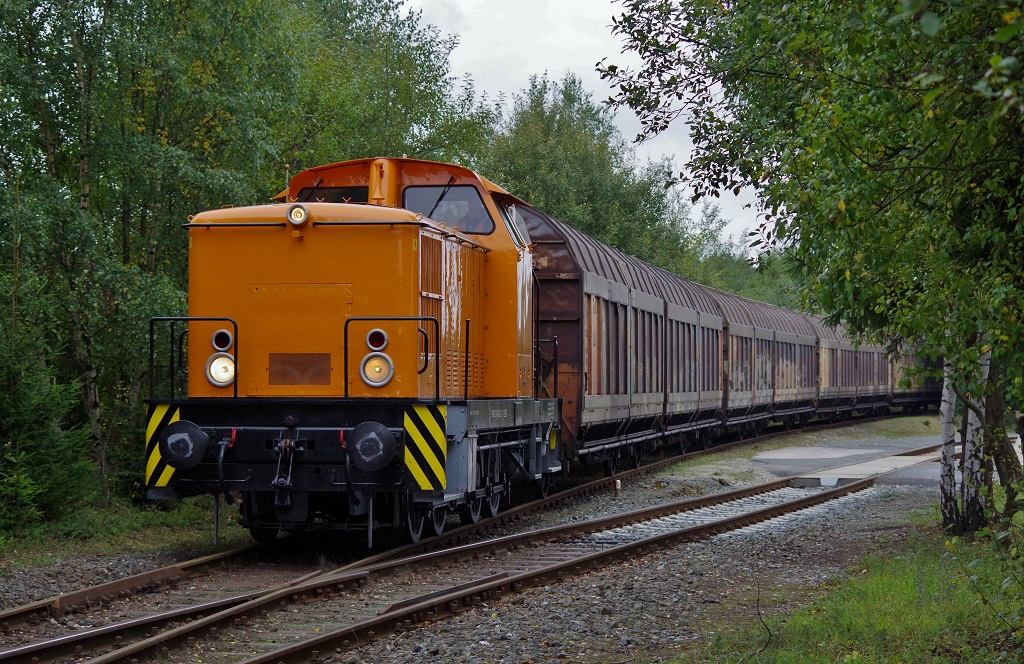 346 602 der Erfurter Bahnservice rangiert am 22.09.2013 ein paar H-Wagen bei der Firma Wiegand-Glas in Steinbach am Wald. 