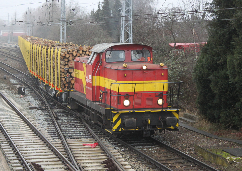 346 811-3 der Firma Rostocker Fracht und Fischereihafen war am 04.02.2017 im Bahnhof Rostock-Bramow mit dem Holzzug von Rostock-Bramow nach Stendal-Niedergörne beschäftigt. 