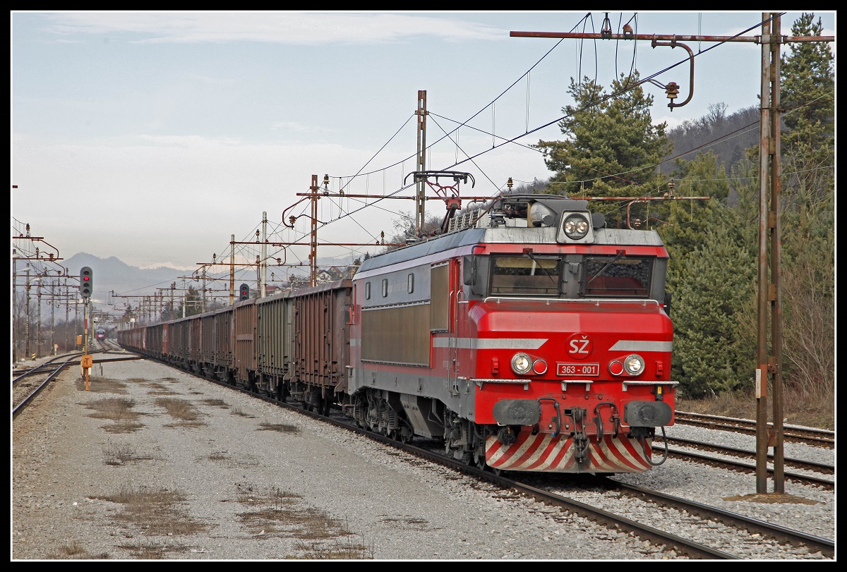 363 001 mit Güterzug in Borovnica am 14.02.2019.