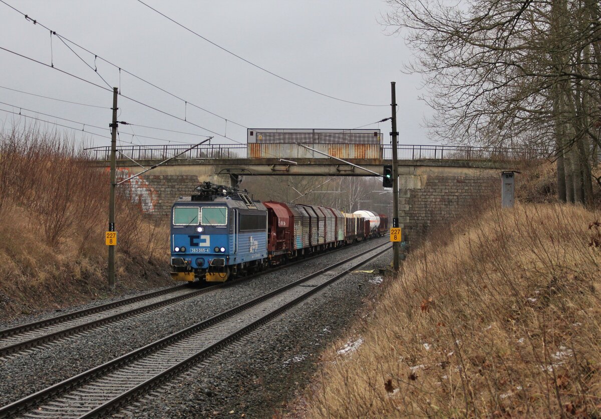 363 065 zu sehen am 17.01.22 mit einem Mischer bei Nebanice.