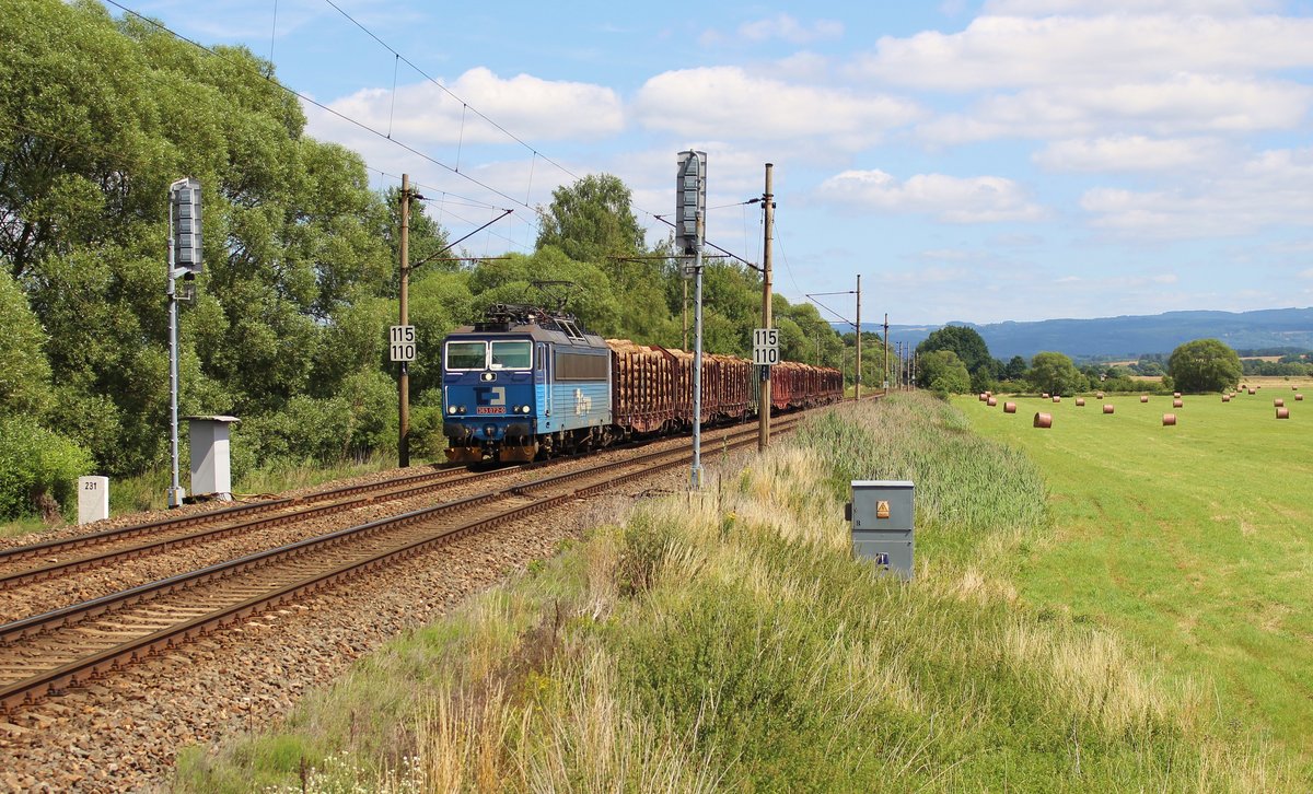 363 072-0 zu sehen mit einem Holzzug am 13.07.17 bei Tršnice.