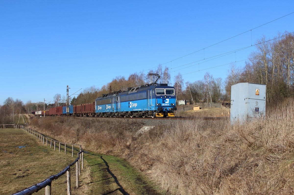363 502 und 363 505 zu sehen am 15.02.19 mit einem leeren Holzzug in Chotikov.