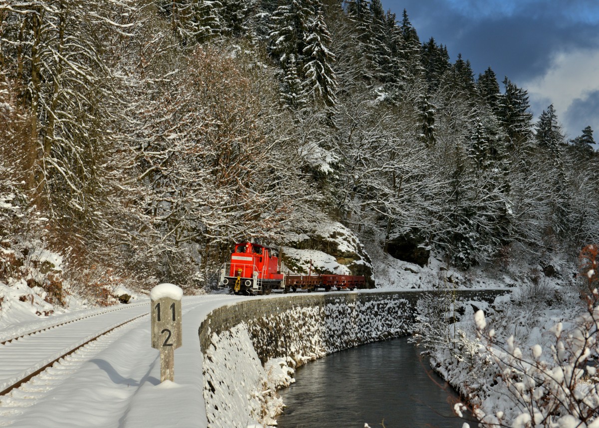363 815 mit zwei Güterwagen am 17.01.2016 bei Teisnach. 