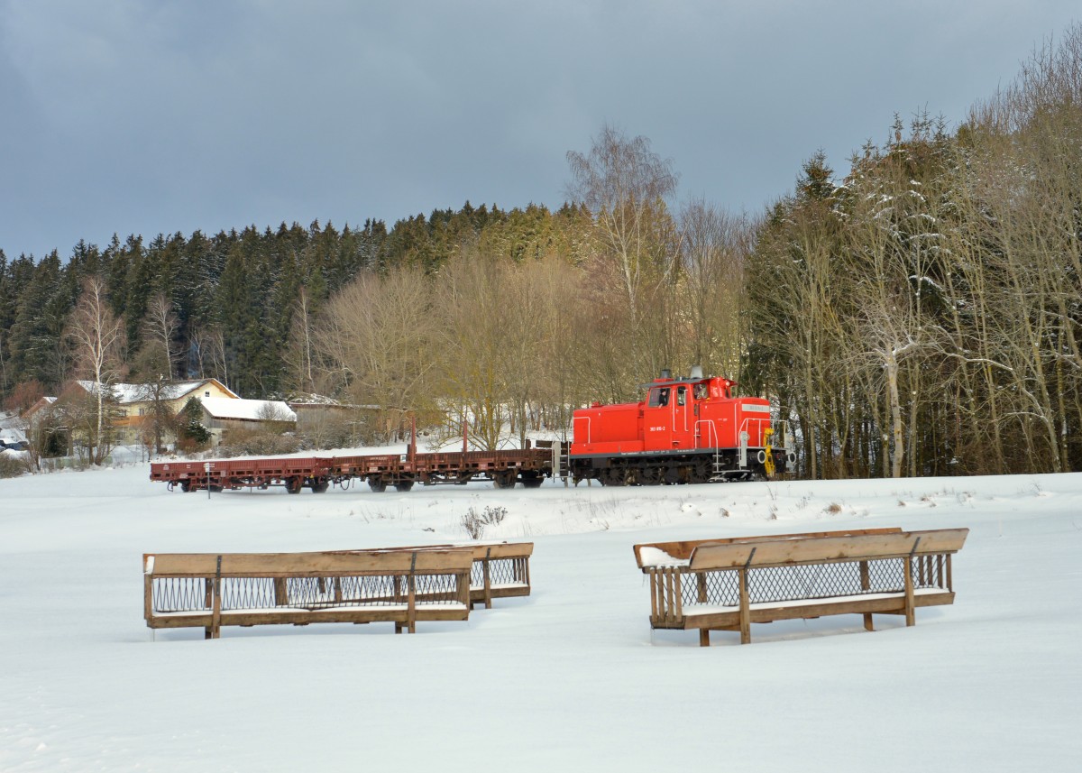 363 815 mit zwei Güterwagen am 17.01.2016 bei Gotteszell.