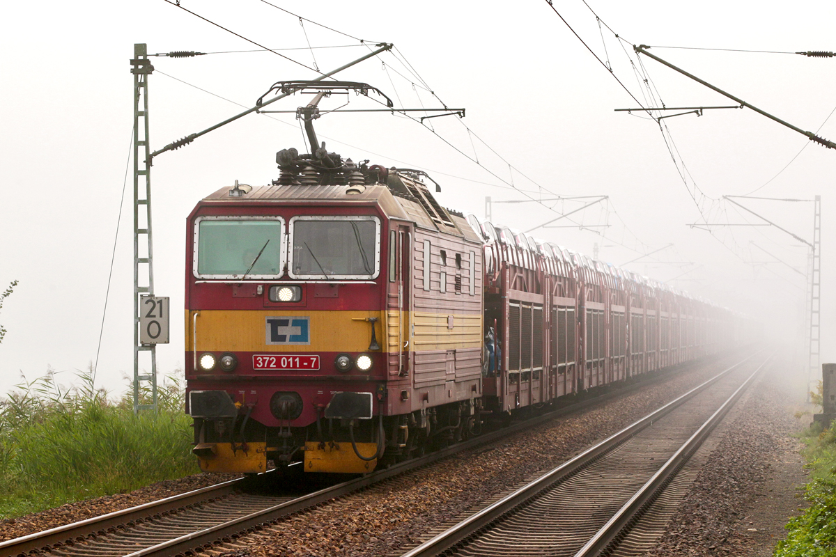 372 011-7 taucht mit einem Autozug im nebligen Elbtal auf.Bild Krippen 8.9.2015
