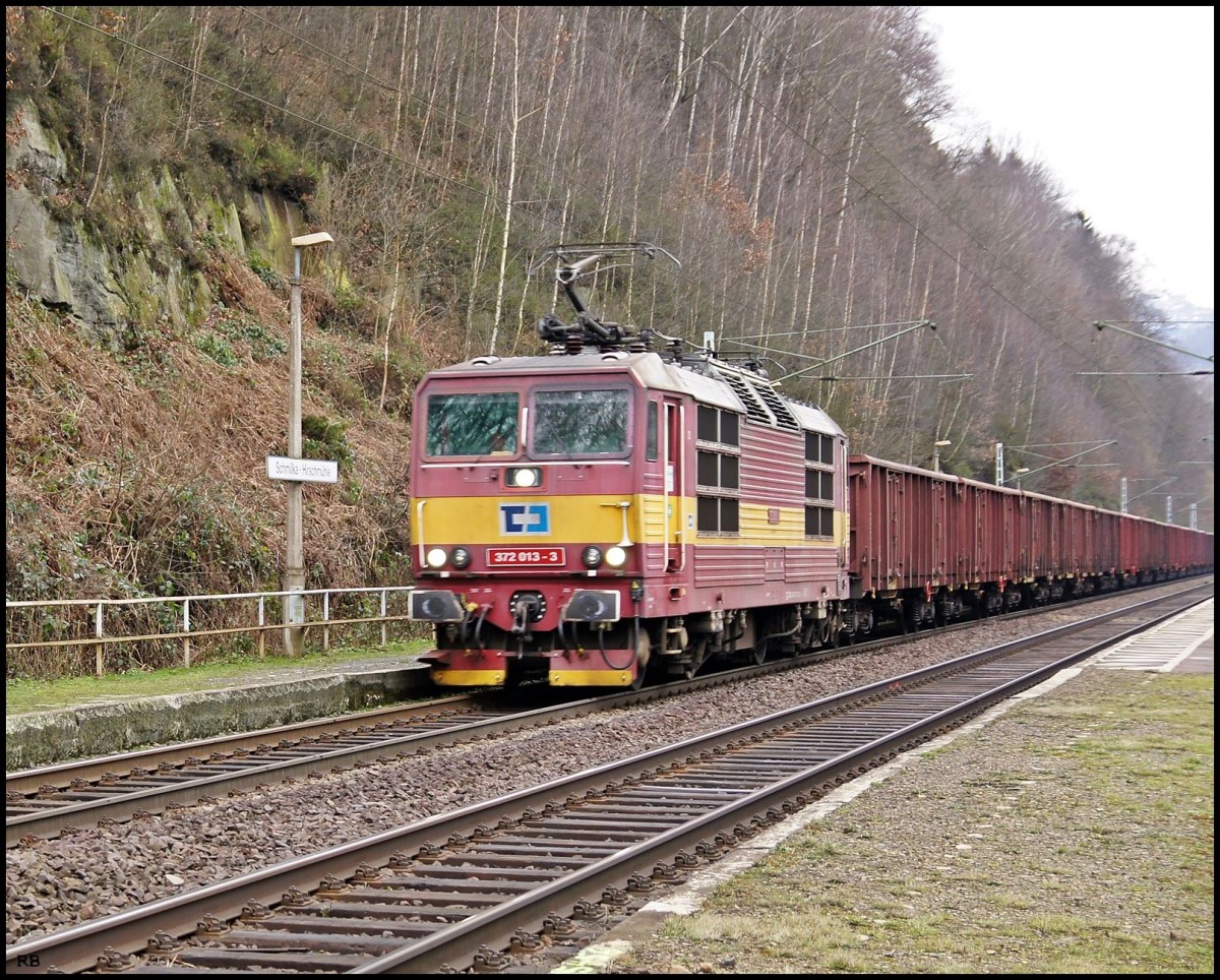 372 013 durch fährt aus Bad Schandau kommend den Haltepunkt Schmilka-Hirschmühle. 31.01.2015 