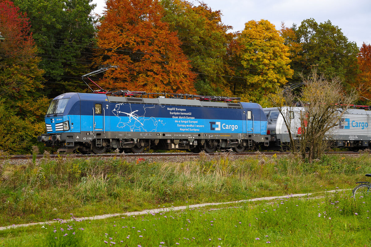 383 006 nennt sich die Vectron bei CD und kam im schicken Doppel am 21.10.2025 bei Zorneding vorbei.