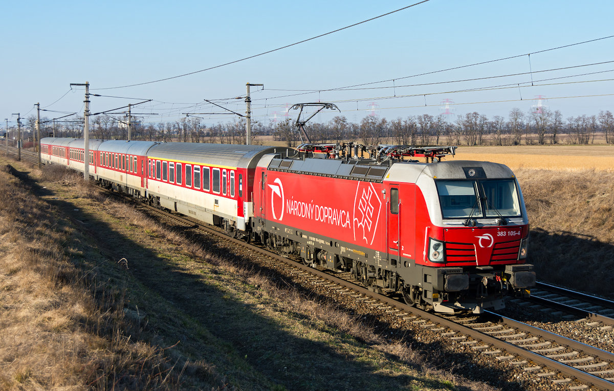 383 105 war am 15.02.2019 mit dem IC 45 unterwegs. Die Aufnahme entstand kurz vor Gramatneusiedl.