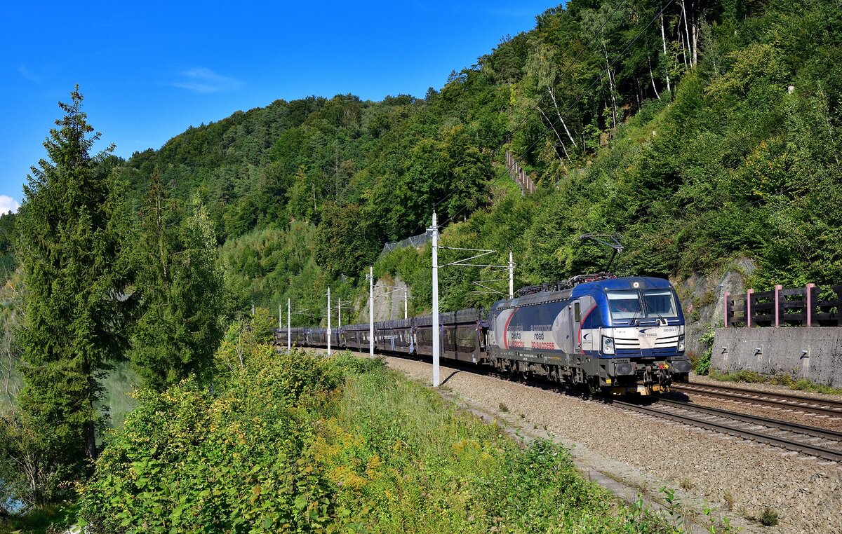 383 203 mit einem leeren Autozug am 10.09.2021 bei Ingling.