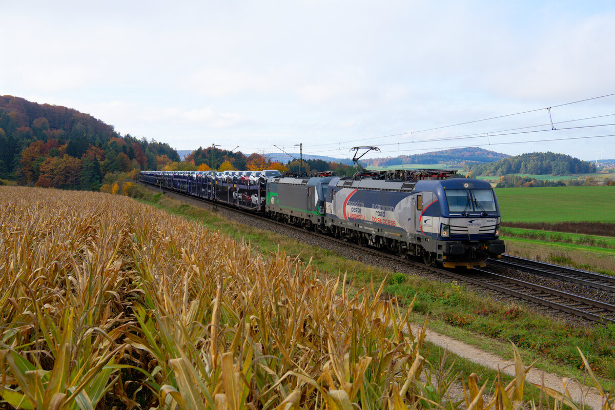 383 206 ZSSK Cargo und 193 201 ELL mit einem Gefco Autotransportzug bei Parsberg Richtung Regensburg, 25.10.2020