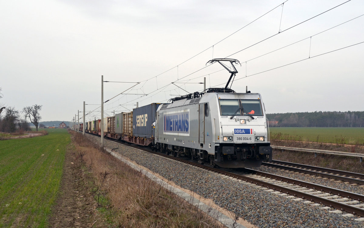386 004 führte am 20.02.19 einen Containerzug durch Rodleben Richtung Roßlau.