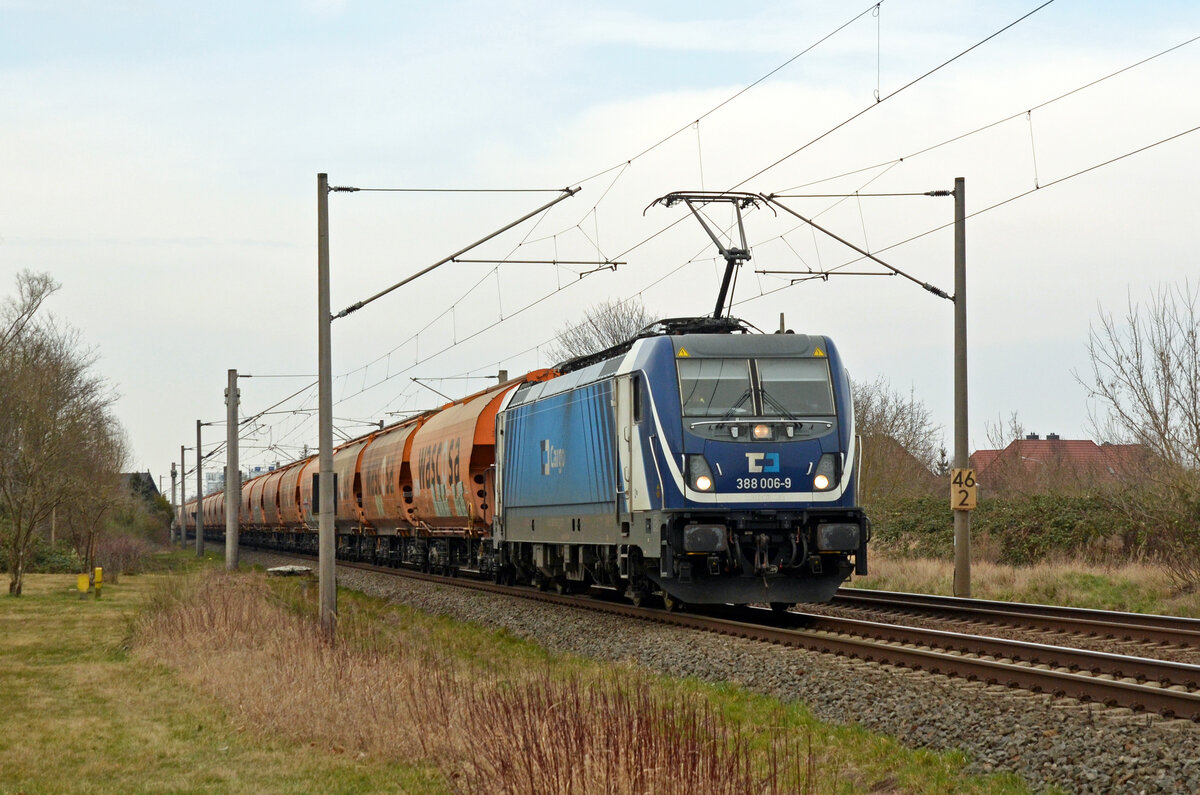 388 006 der CD Cargo schleppte am 23.03.25 einen Silozug durch Greppin Richtung Bitterfeld.