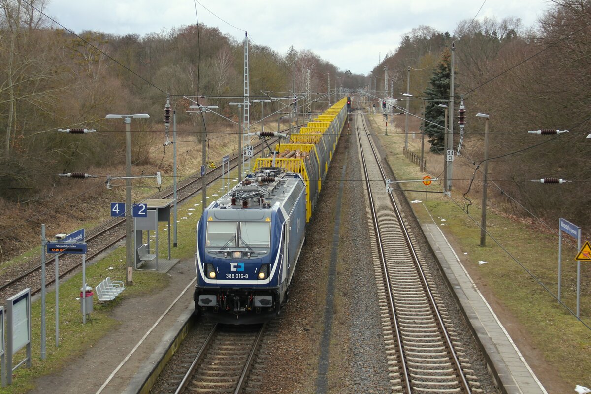 388 016-8 der ČD Cargo am 7. März 2023 in Wilmersdorf (bei Angermünde), kurz vor dem Umbau der Bahnsteige.