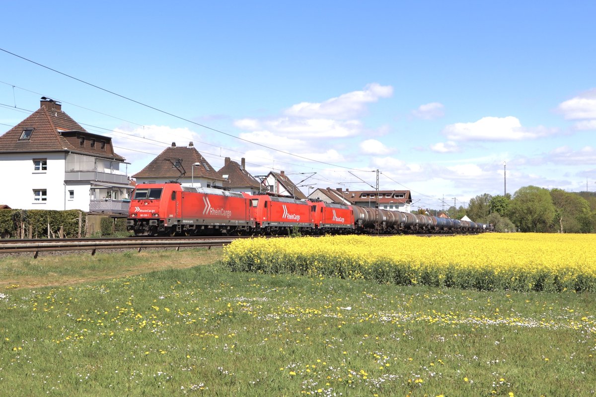 3x BR 185 „Rhein Cargo“ Kesselgüterzug in Ludwigsau Friedlos am 24.04.2020