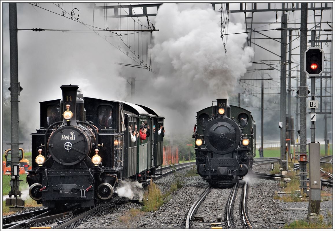 40 Jahr Jubiläum Dampffreunde RhB. Parallelfahrt mit G 4/5 107  Albula  und G 3/4 11  Heidi  von Chur nach Reichenau-Tamins in Felsberg. (16.09.2017)