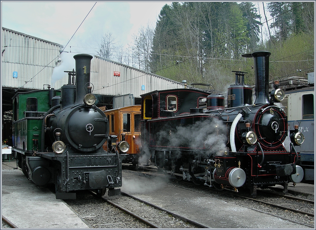40 Jahre Blonay - Chamby Museumsbahn: Die RhB G 3/4 N° 1 Rhätia und die JS/BAM G 3/3 N° 6 in Chaulin.

3. Mai 2008
