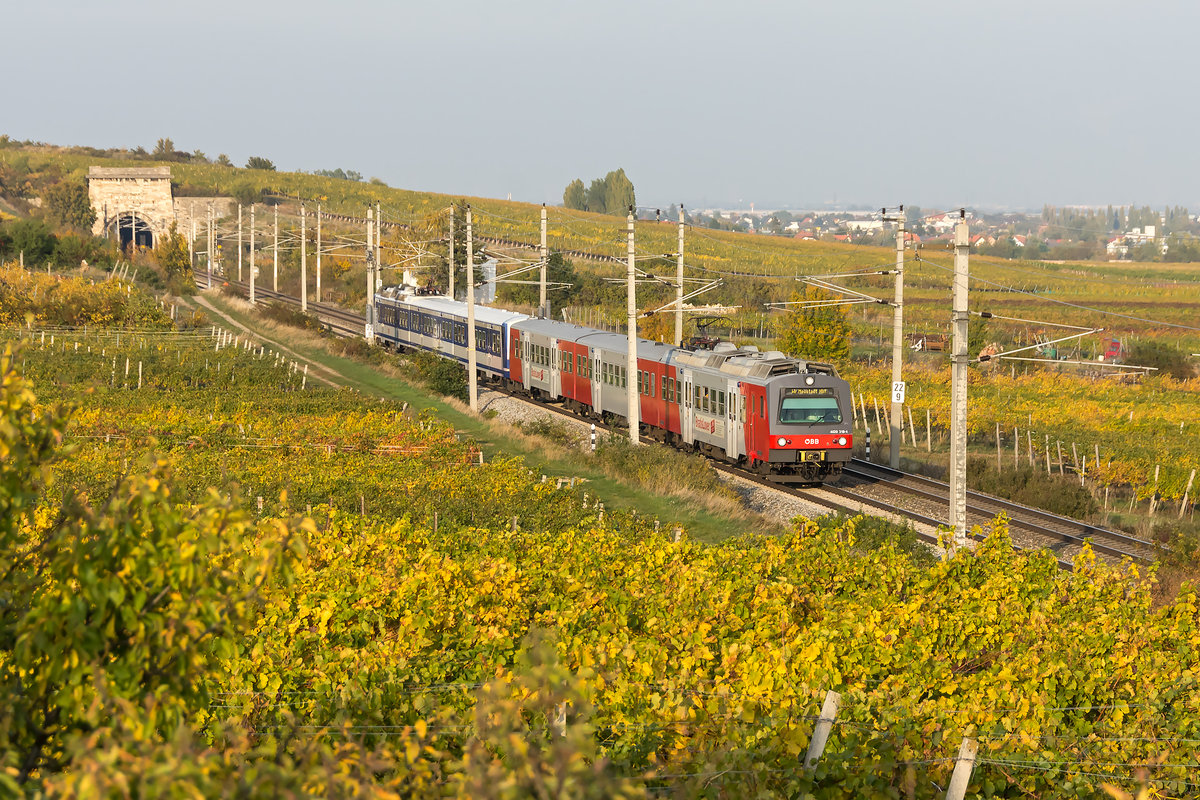 4020 318, unterwegs als S-Bahnzug nach Wiener Neustadt Hbf. inmitten der herbstlichen Weingärten bei Pfaffstätten. Die Aufnahme entstand am 18.10.2019.